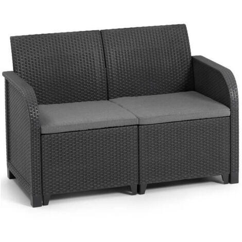 Keter – Canapé de jardin 2 places en résine tressée – Gris graphite – Dossiers ergonomiques – Dimensions 113x63x74 cm – Avec coussins d'assise (1/5)