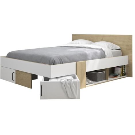 Calicosy – Lit rangement 140x190 cm avec 2 tiroirs pivotants – Structure en panneaux de particules chêne blanc – Montage réversible (1/5)