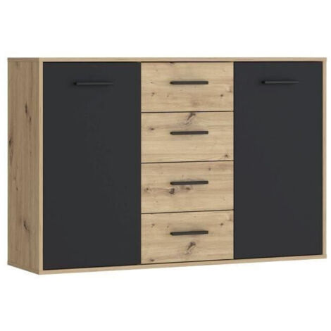 Buffet contemporain en mélaminé décor chêne et noir – 2 portes – 4 tiroirs – Dimensions L 122,6 x P 34,2 x H 81,7 cm – Fabrication européenne (1/7)