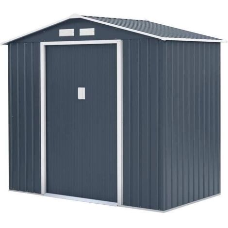 Abri de jardin en métal 2,71 m² - 213 x 127 x 195 cm - PLUTON - Kit d'ancrage inclus, 2 portes coulissantes - Gris (1/4)
