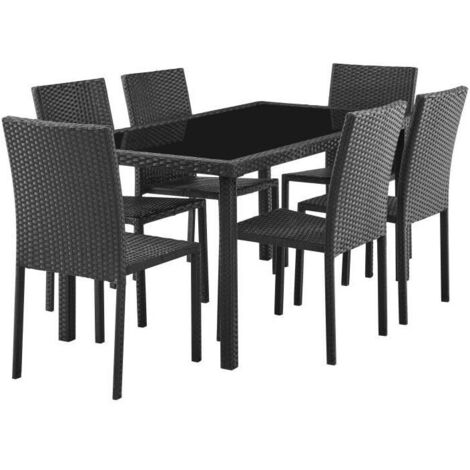 Les Tendances – Ensemble repas de jardin 6 places – table en verre trempé 160x80 cm – chaises en résine tressée noire – design élégant pour terrasse (1/5)