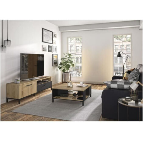 Ensemble meuble TV et table basse chêne noir – Dimensions 166 x 81 x 26 cm – Style industriel-loft – Panneaux de particules – Gami