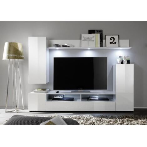 Ensemble meuble TV DOS - éclairage LED inclus - 3 Portes - Mélamine blanc mat et brillant - L208 x P33 x H165 cm (1/4)