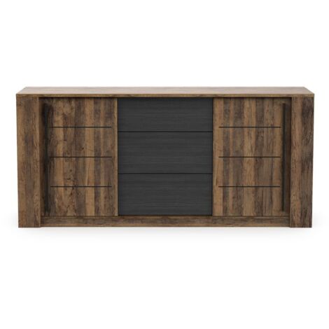 Buffet MONACO – Mélamine chêne noir – 2 portes + 3 tiroirs – L206 x P44,9 x H94 cm – Fabrication française – Demeyere (1/5)