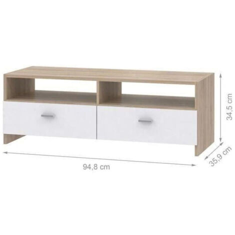 Les Tendances – Meuble TV contemporain blanc mat décor chêne – L 95 cm – 2 abattants et 2 niches de rangement – Poignées effet aluminium (1/5)