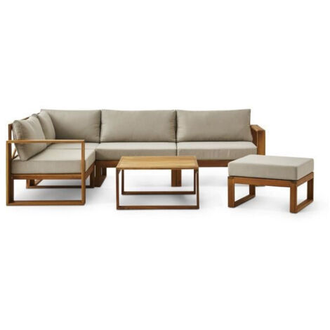 Salon de jardin en bois d'acacia FSC avec coussins gris – 6 places – Banquette d'angle modulable – Tables basses gigognes – Bocarnea (1/5)