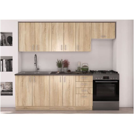 Cuisine complète modulable 7 éléments – Décor chêne sonoma – Longueur 240 cm – Meubles sous évier et haut inclus (1/5)