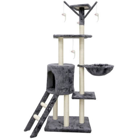 Les Tendances – Arbre à chat gris 79 x 34 x 138 cm – 3 plateformes, 1 niche, 1 perchoir, 1 escalier, poteaux en sisal – Tissu peluche courte 220 gsm (1/4)