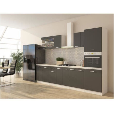Les Tendances – Cuisine complète avec colonne four et plan de travail L 300 cm – Structure panneaux de particules – Finition gris mat – Fabrication européenne