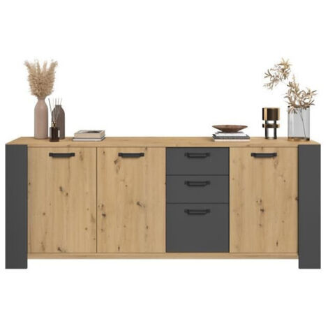 Les Tendances – Buffet Loft gris ombre style industriel moderne – Dimensions 220x52x86,5 cm – Panneaux mélamine imitation chêne – 3 portes et 3 tiroirs (1/9)
