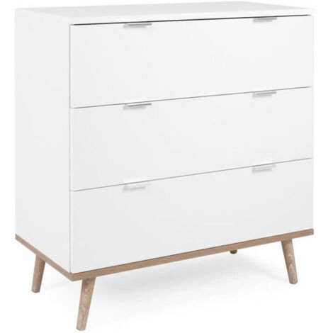 Commode scandinave 3 tiroirs – Décor chêne sonoma blanc – Dimensions L 79,8 x P 40 x H 86,5 cm – Panneaux de particules et bois massif (1/7)