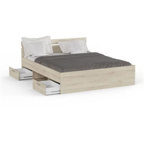 Lit double 160x200 cm en bois de chêne brossé – Design moderne marron – 2 tiroirs de rangement intégrés – Fabrication française – Demeyere (1/5)