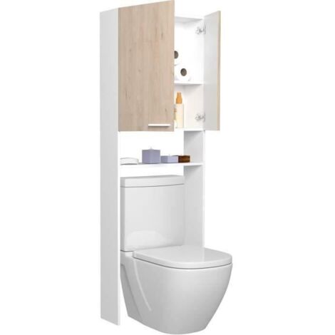 Colonne sanitaire / WC - Décor Chene et Blanc - 2 portes - Salle de bain / buanderie - L64,2 x P21,8 x H184 cm - WOODY (1/5)