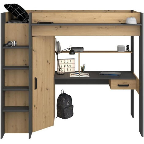 Les Tendances – Lit mezzanine enfant 90 x 200 cm – Panneaux de particules mélaminés chêne et gris – Bureau et armoire intégrés – Hauteur sous mezzanine 144 cm