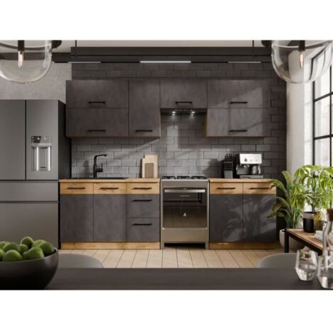 Cuisine complète 7 éléments – Décor chêne lancelot et gris matera – Dimensions L260 x P52 x H82 cm – Panneaux de particules mélaminés