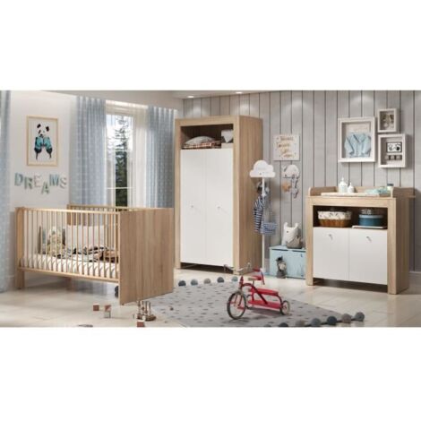 Chambre bébé complète 3 pièces – Lit 70x140 cm avec sommier réglable – Commode 2 portes – Armoire 2 portes en chêne sonoma et blanc – Trendteam