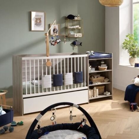 Lit évolutif bébé 120x60 cm – Transformable en 90x190 cm – Avec étagères – Décor chêne silex moderne – Baby Price (1/4)