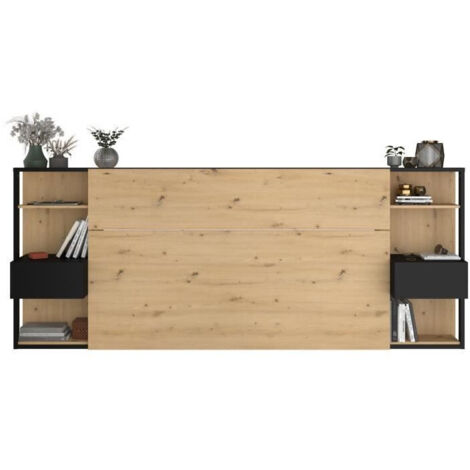 Vente-Unique – Tête de lit avec étagères et chevets intégrés – Décor chêne et noir – Dimensions L255 x H103 x P36 cm – Adapté pour lit 140x200