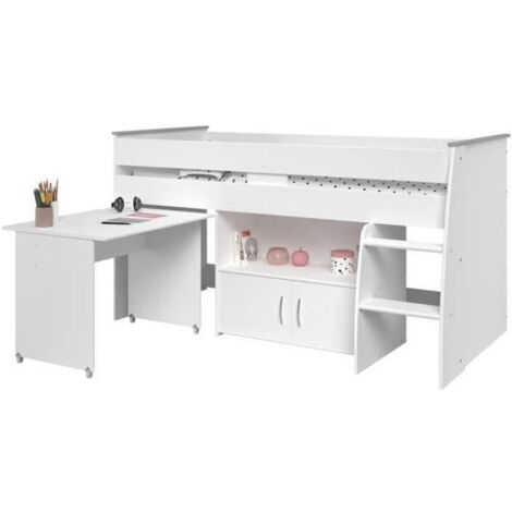 Calicosy – Lit combiné enfant 90x200 cm – Blanc – Sommier inclus – Bureau escamotable et rangements – Panneaux de particules éco-friendly