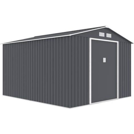 Abri de jardin en métal 8,84 m² - 277 x 319 x 202 cm - URANUS - Kit d'ancrage inclus, 2 portes coulissantes - Gris (1/5)