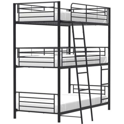 Lit superposé métal noir 3 couchages 90x190 cm – Structure en métal laqué époxy – Échelle réversible pour installation flexible (1/7)