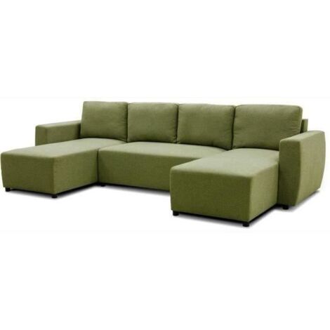 Canapé d'angle convertible panoramique PHARELL 5/6 places - Tissu olive - Coffre de rangement - L297 x P155 x H85 cm (1/5)
