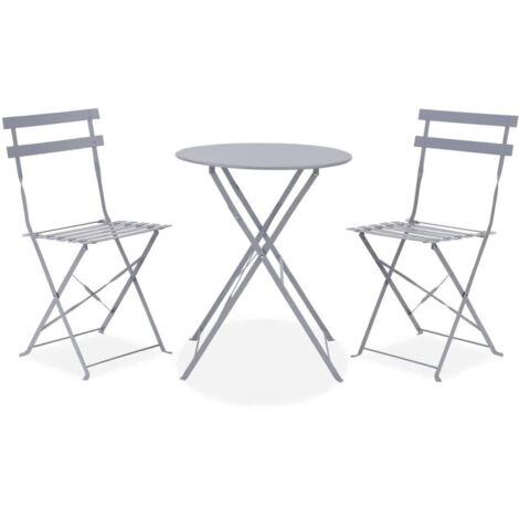 Ensemble table et chaises de jardin pliantes – Table ronde 60 cm – Acier thermolaqué gris – 2 places – Pratique pour petits espaces (1/9)