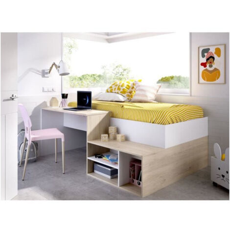 Lit combine enfant - Chene naturel et blanc - 90x190 cm - KRIC