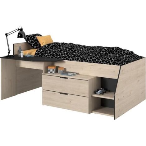 Calicosy – Lit combiné pour enfant 90x200 cm – Bureau intégré et 2 tiroirs de rangement – Structure panneaux de particules – Design moderne blanc et gris (1/5)
