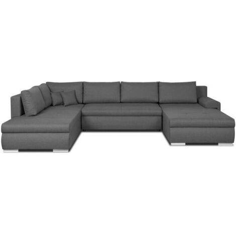 Canapé d'angle panoramique convertible 7 places – Tissu 100% polyester gris – Coffre de rangement – L360 x P228 cm (1/8)