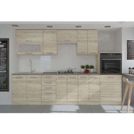 LASSEN Cuisine complète L 300 cm avec demi-colonne four et hotte - Décor chêne sonoma (1/5)