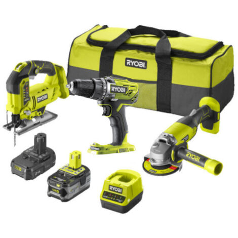 Ryobi – Pack de 3 outils électroportatifs 18V – Perceuse-visseuse R18DD3, meuleuse 115 mm, scie sauteuse – 2 batteries 4Ah et 2Ah, chargeur, sac (1/10)