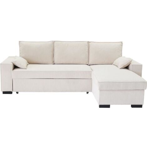 Canapé d'angle convertible réversible beige – Méridienne avec coffre de rangement – Velours côtelé – 3 places – L 240 x P 143 x H 85 cm (1/5)