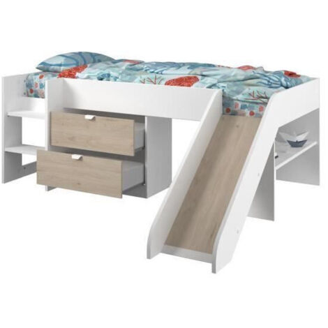 Les Tendances – Lit toboggan enfant avec 2 tiroirs de rangement – Structure panneaux de particules – Décor chêne jackson et blanc – Couchage 90 x 200 cm (1/10)