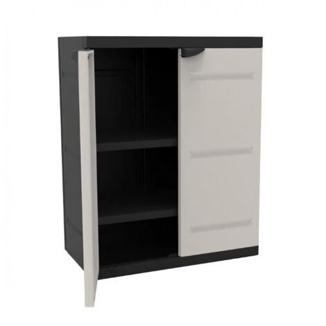 Armoire de jardin basse 2 portes – Dimensions l70 x p44 x h88 cm – Couleur beige et noire – Étagères intégrées pour rangement optimisé – Plastiken (1/6)