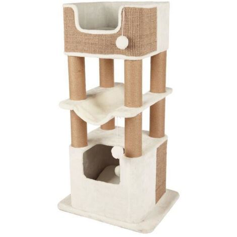 Trixie – Griffoir pour chats Lucano XXL 110 cm – Couleur blanc et taupe – Matériaux peluche, jute et sisal – Accessoires inclus : 2 coussins et hamac