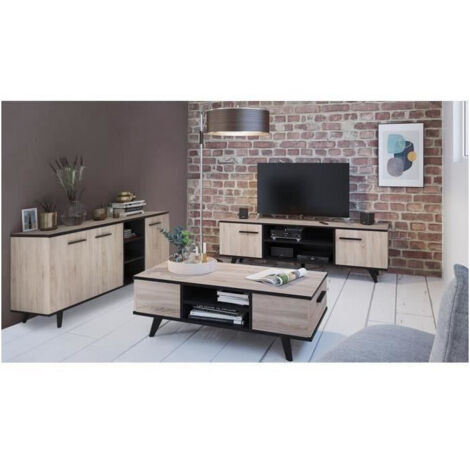 Ensemble meuble TV table basse buffet – Mélaminé noir mat – Chêne brossé – Style scandinave – 3 portes 2 tiroirs – À monter soi-même – Demeyere
