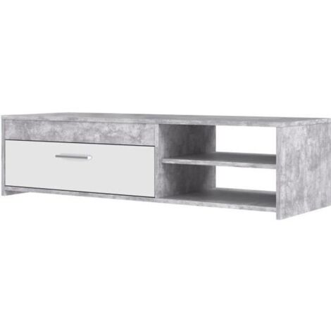 Les Tendances – Meuble TV contemporain blanc et béton clair – Dimensions L 120 x P 42,1 x H 31,8 cm – 2 niches pour matériel hi-fi – Niche fermée pour rangement (1/5)