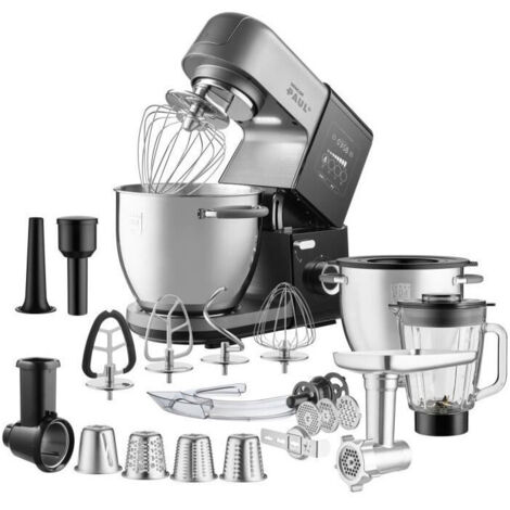 Robot pâtissier 1800W en métal noir et acier – 2 bols inox 6,7L – 8 vitesses avec fonction pulse et accessoires inclus – Sencor