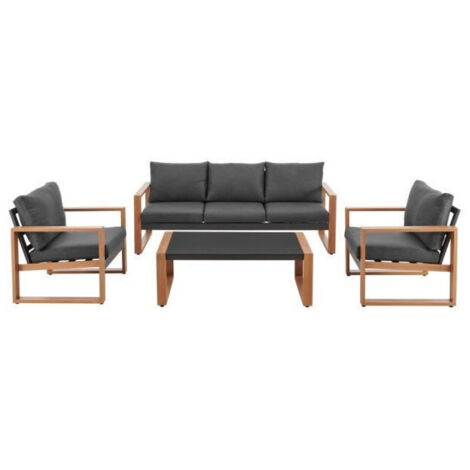 Salon de jardin en aluminium effet bois – 5 places – Coussins gris foncé – Résistant aux intempéries – Design moderne (1/6)