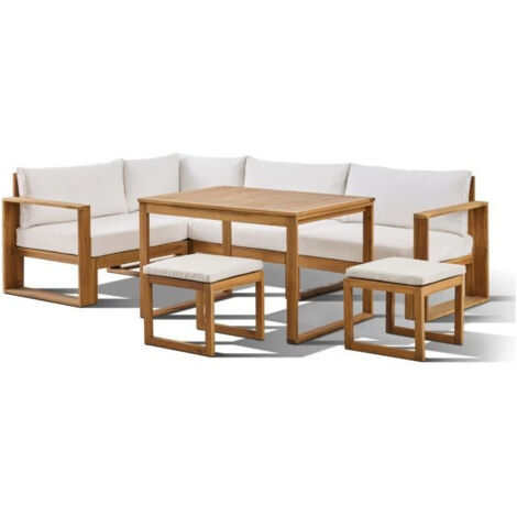 Salon de jardin d'angle modulable en bois d'acacia – 6 places – Housse de protection incluse – Blanc cassé – Bocarnea (1/5)