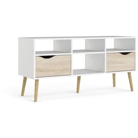 Meuble TV - 4 niches 2 tiroirs - Blanc / Chene - 117,2 x 39,1 x 57,4 cm - TVILUM (1/5)