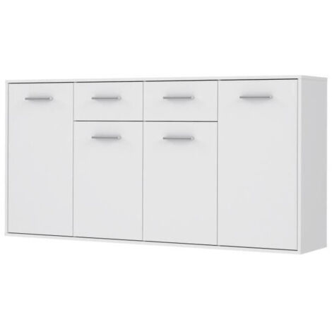 Les Tendances – Buffet bas PILVI – 4 portes et 2 tiroirs – Blanc mat – Dimensions L 162,3 x P 34,2 x H 88,1 cm – Structure en bois et panneaux de particules (1/7)