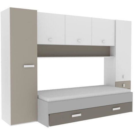 Les Tendances – Lit gigogne enfant avec rangements – Décor blanc/argile – Dimensions 90 x 200 cm – Structure en panneaux de particules (1/3)