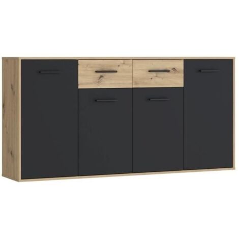 Buffet contemporain en particules mélaminé – Décor chêne et noir – 4 portes + 2 tiroirs – Dimensions L 162,3 x P 34,2 x H 81,7 cm (1/5)
