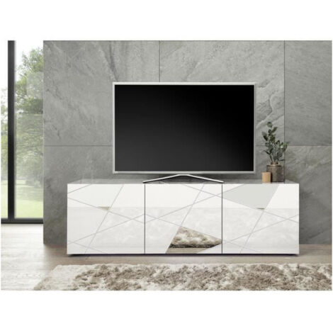 Vente-Unique – Meuble TV blanc laqué brillant – Sérigraphie miroir – L181 x P43 x H57 cm – Design épuré pour salon moderne (1/5)