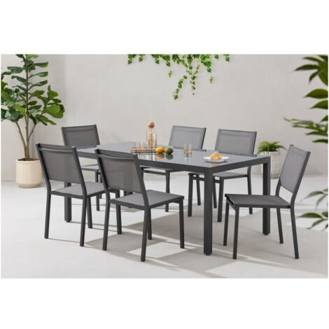Ensemble repas table et chaises de jardin 6 personnes – Table rectangulaire en aluminium avec plateau en verre trempé – Dimensions L180 x P90 x H74 cm (1/5)