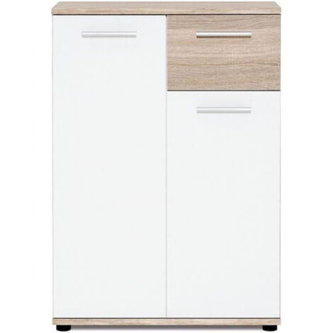Argonauta – Meuble de rangement petit buffet blanc mat décor chêne Sonoma – Dimensions L 60 x P 35 x H 85 cm – Panneaux de particules mélaminés (1/10)