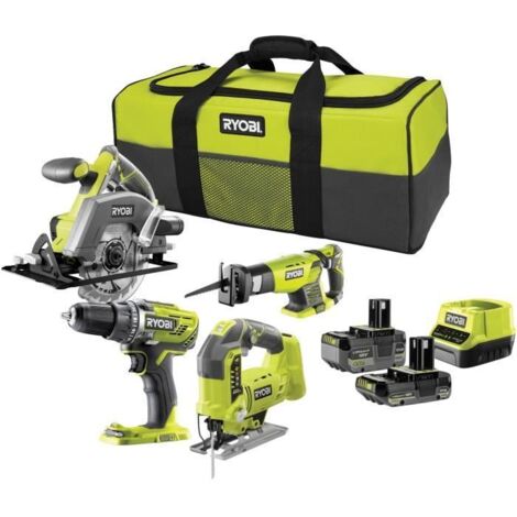 Ryobi – Pack de 4 outils électroportatifs 18V – 1 perceuse-visseuse, 3 scies – 2 batteries 4Ah et 2Ah – Chargeur rapide et sac inclus