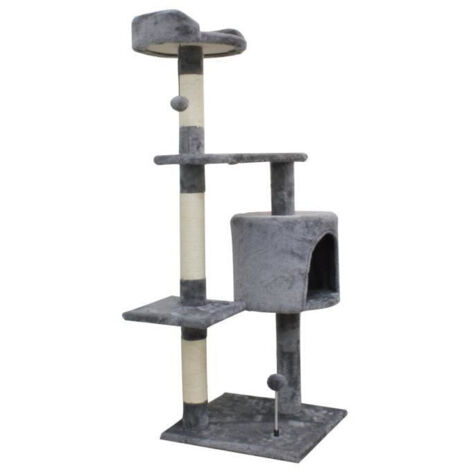 Les Tendances – Arbre à chat gris 114 cm – 3 plateformes et 1 niche – Poteaux en sisal de 7 cm – Tissu en peluche 180gsm - GRIS 40 X (1/7)